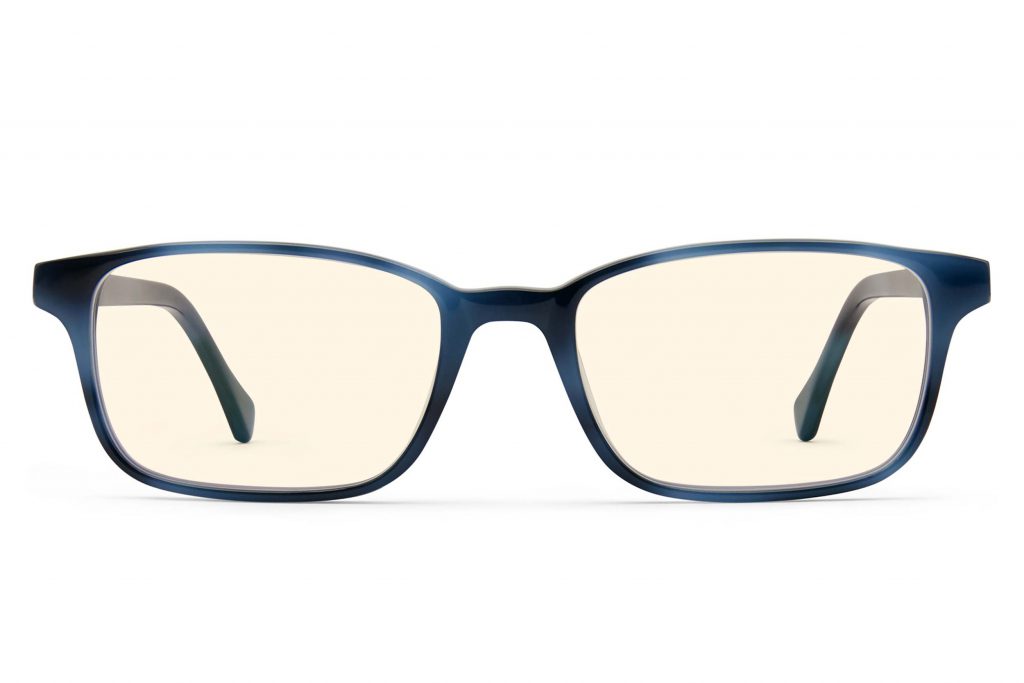 Blue and black rectangular eyeglasses with amber lens