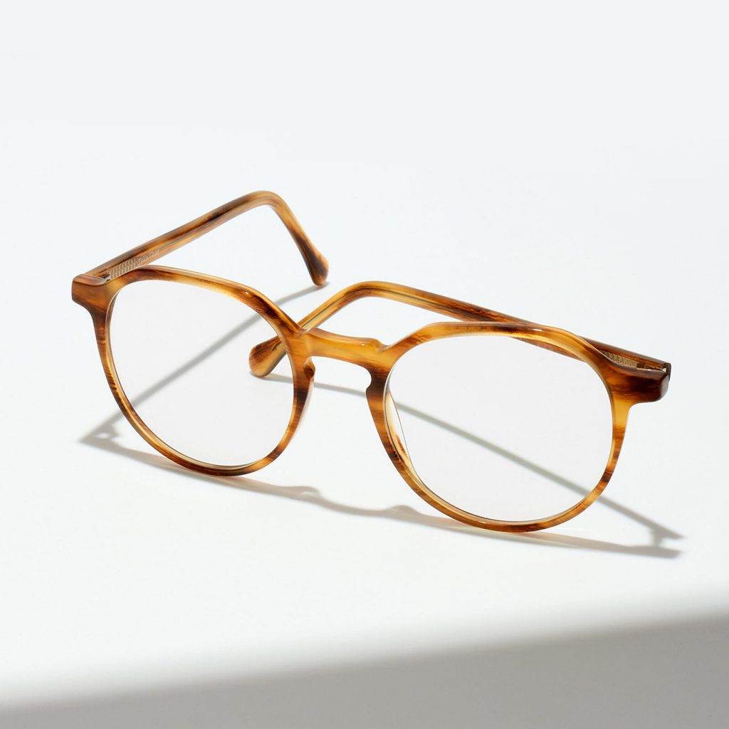 A pair of light brown tortoise eyeglasses