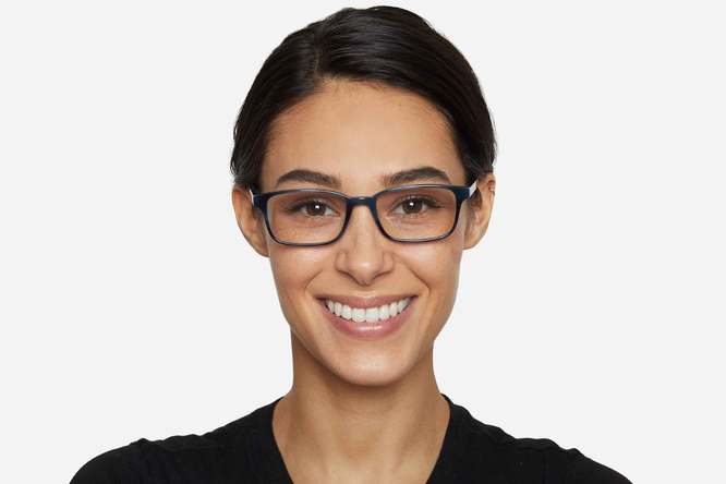 Carver eyeglasses in midnight surf on female model viewed from front