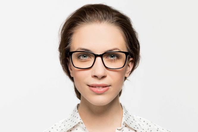 Faraday eyeglasses in black on female model viewed from front