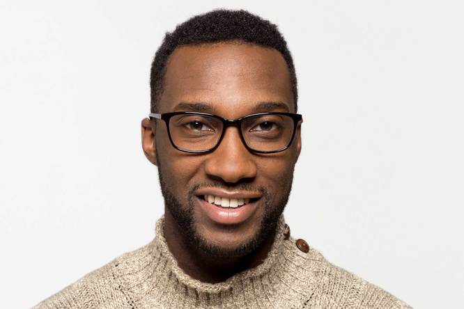 Faraday eyeglasses in black on male model viewed from front