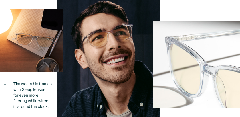 3 images of a pair of clear eyeglasses on a desk, a man wearing the clear eyeglasses, and a close up of the clear eyeglasses