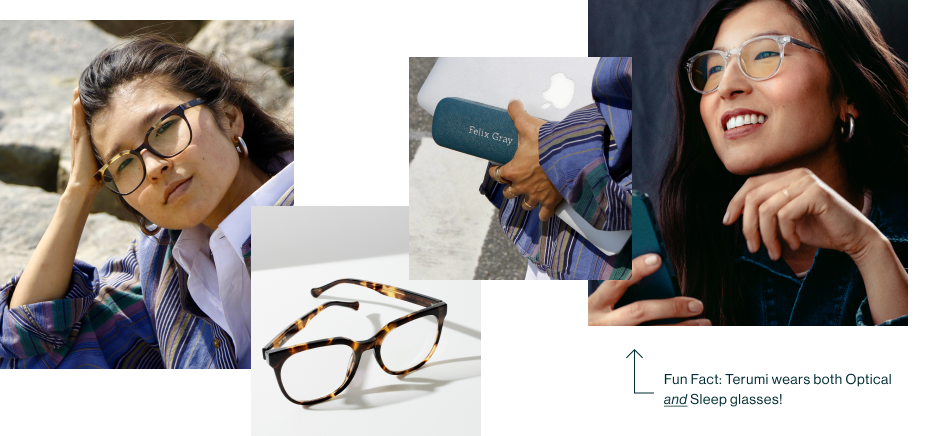 4 images one of a girl wearing brown tortoise eyeglasses, a close up of brown tortoise eyeglasses, a hand holding eyeglasses case and a laptop, a girl wearing clear eyeglasses