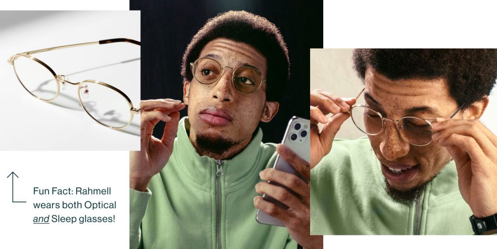 A photo of gold metal eyeglasses and two photos of a man wearing gold metal eyeglasses