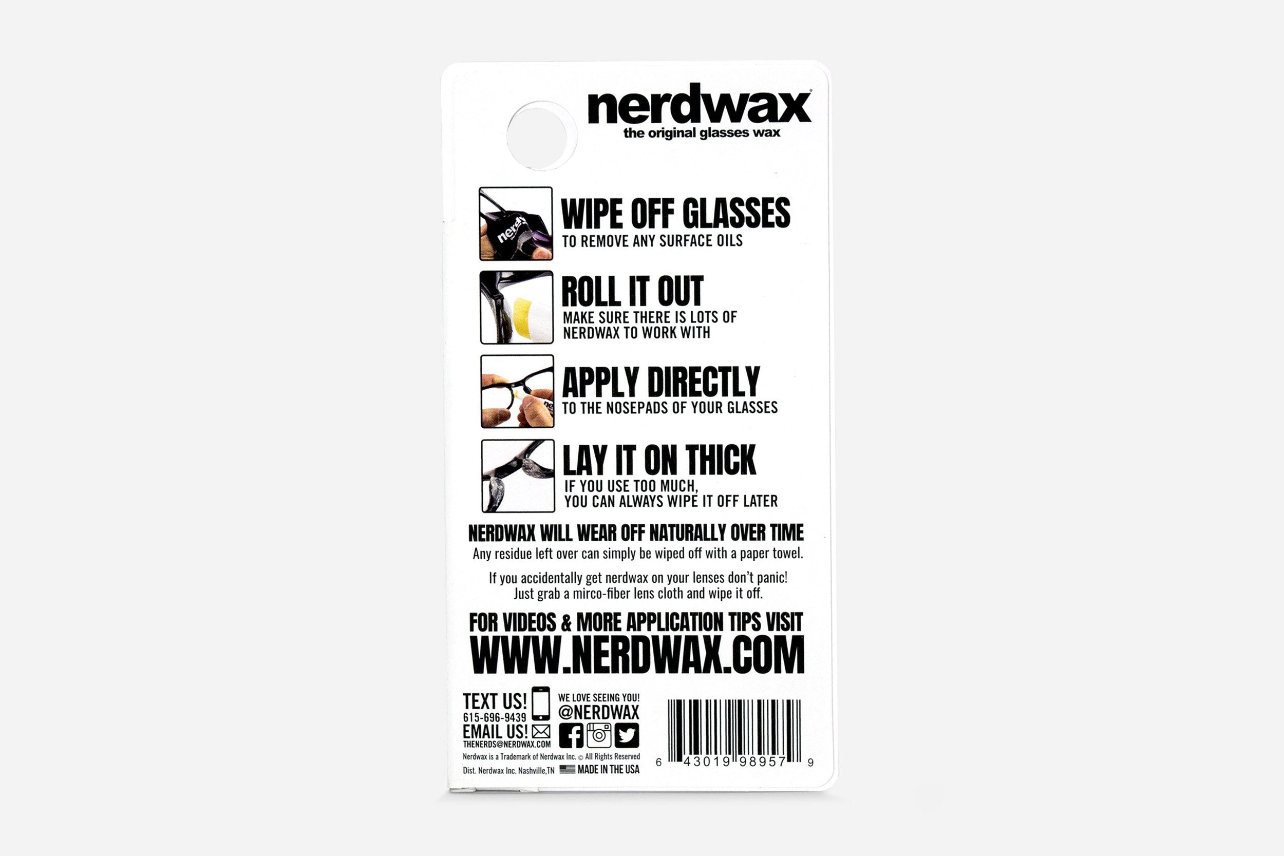 Back of Nerdwax product - Wipe off glasses, roll it out, apply directly, lay it on thick